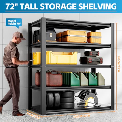 Image of 5-Tier 40 inch W x 18 inch D x 72 inch H Garage Storage Shelves Metal Shelf 2020LBS Garage Shelving Heavy Duty Adjustable Utility Rack Estantes para (Black)