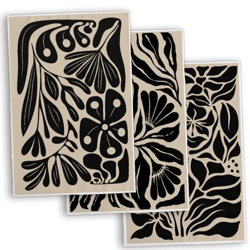 TNUW Boho Floral Kitchen Towels 16x24in Set of 3, Black Floral Hand Towels for Kitchen Bathroom, Boho Abstract Flower Dish Towels