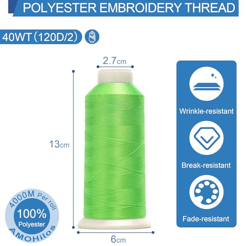 Image of High Tenacity Polyester Embroidery Machine Thread 40WT(120D /2) 4000M Per Spool for Commercial and Domestic Embroidery Machine (Fluorescent Green-1850)