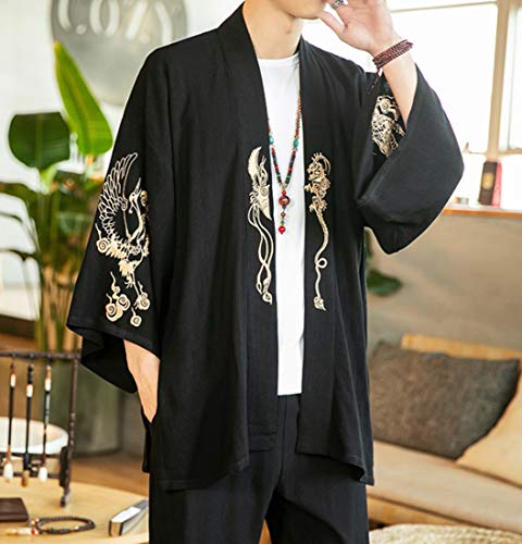 HZCX FASHION Men\'s Kimono Cardigan Lightweight Jackets Linen Haori Samurai Robe(501 Black,S)