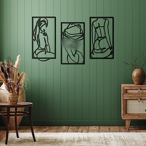 Peryiter 3 Pcs Modern Minimalist Wall Decor Abstract Metal Wall Art Metal Line Art Woman Body Artwork for Bedroom Bathroom Living Room(Black)