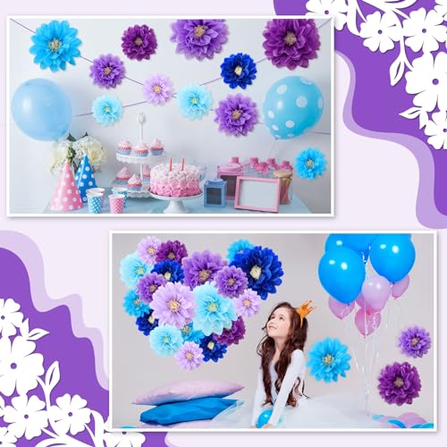 Image of Geyee 18 Pcs Mexican Paper Flowers Colorful Fiesta Tissue Paper Flowers Pom Poms Mexican Carnival for Floral Party Backdrop Wedding Birthday Party Craft, 6 inch 8 inch 10 inch(Blue Purple Series)