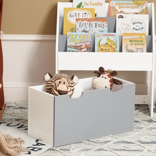 SoBuy SoBuy bücherregal Kinder mit 3 Ablagefächern und herausnehmbarer Spielzeugbox auf Rollen, Kinderzimmer Möbel, Weiß/Grau, 80x37x14cm, KMB17-HG - Funktionsansicht 5 | Kinderzimmermöbel