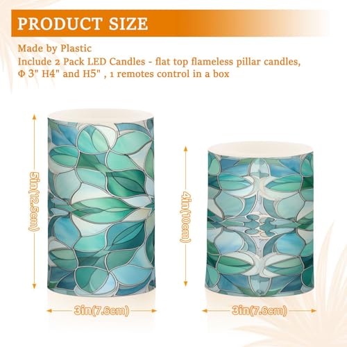 Image of Lights Flameless Candles Turquoise Flower Pattern Pillar Candles Set of 2 Battery Operated Remote Control Warm Lights Home Decor