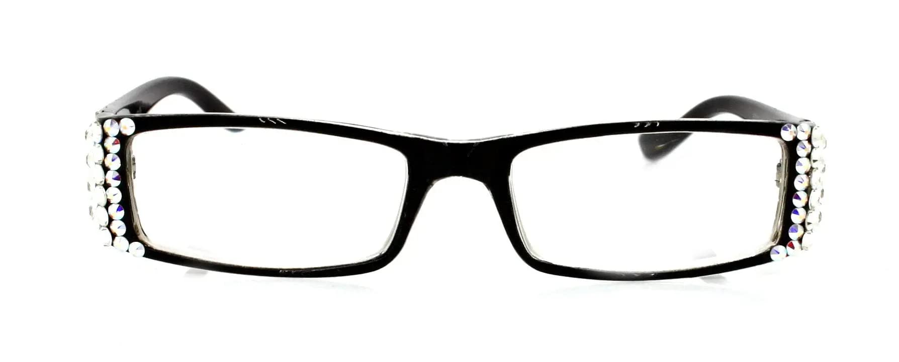 The French, (Bling) Fleur De Lis Women Reading Glasses Adorned with (Clear + Aurora Borealis) Austrian Crystals, Magnifying (Black) Rectangular. NY Fifth Avenue. (+2.75)