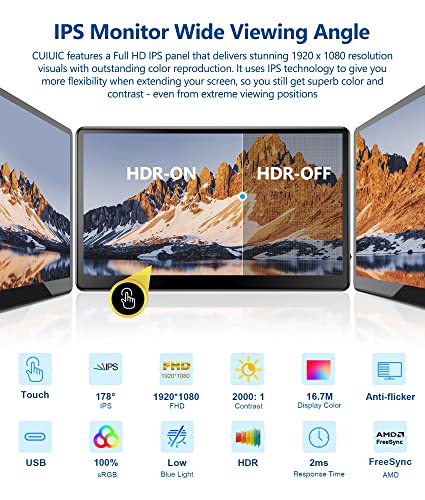 Cuiuic 13.3" Touchscreen Monitor, Hdmi+Vga Fhd 1920X1080 Ips Hdr 100% Srgb 60Hz 10-Point Touch Display With Speakers And Vesa For Laptop/Mini Pc/Pc Stick/Tv Box/Game Consoles #TOP1