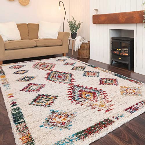 Designer Moroccan Super Soft Fluffy Shaggy Area Rug Berber Cream Terracotta Orange Red Thick Stain Resistant Diamond Zigzag Lounge Carpet Mat Living Room Bedroom Hallway Rugs 120cm x 170cm