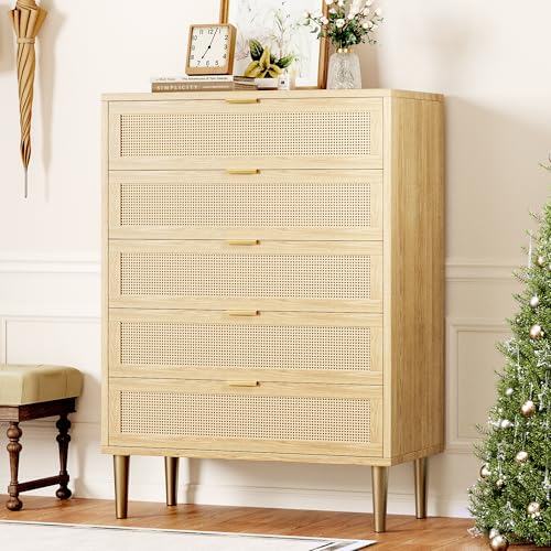 GarveeHome Rattan 5 Drawer Dresser, 44'' Tall Narrow Chest of Drawer, Farmhouse Wooden Vertical Dresser with Metal Legs and Handles, Modern Cabinet for Bedroom, Living Room, Oak