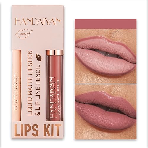 Nude Lip Liner and Lipstick Set, Lip Gloss Matte Long Lasting Pink Non-Sticky Waterproof Lip Stain Pencil Makeup - Image 8
