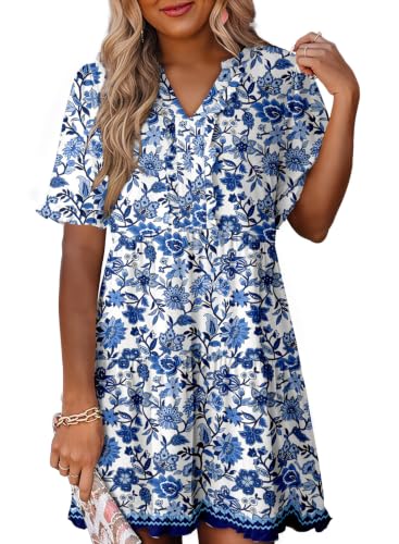 Image of Dokotoo Womens Summer Dresses 2026 V Neck A Line Short Sleeve Casual Ruffle Babydoll Mini Dress