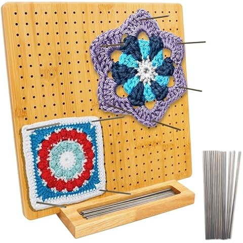 Iswabard 11x11 Inch Blocking Mats Blocking Board for Crocheting with 15 Stainless Steel Rods Crochet Blocking Board Large Base Bamboo Granny Square (Bamboo-B) Cover