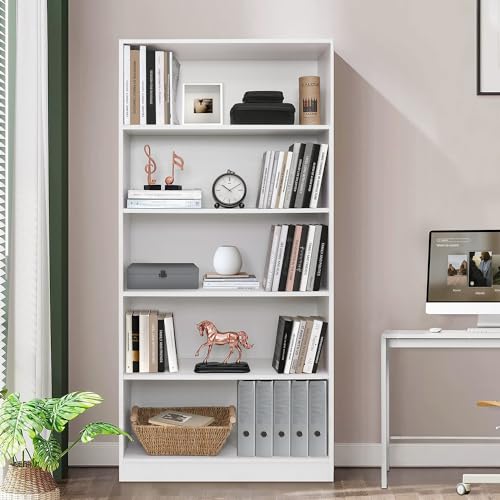 Image of ABOUT SPACE Book Shelf - 5 Tier Engineered Wood Book Rack Multipurpose Book Shelf for Home Library Study Room Long Open Storage Organizer for Bedroom, Living Room (White - L 80 x B 30 x H 165 cm)