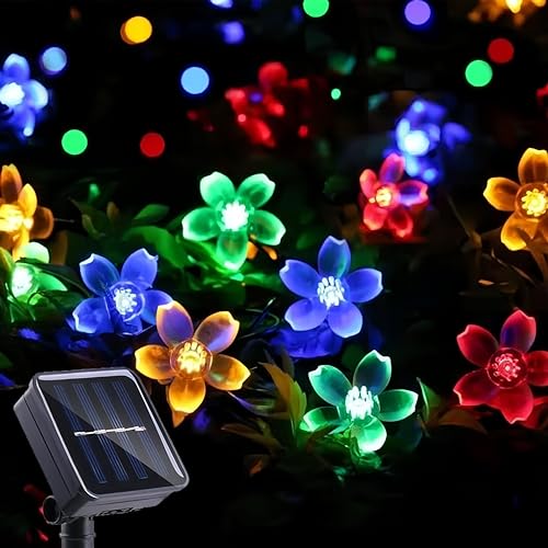 Clearhill 2PCS Solar Cherry Flower Light, 23ft/7M, 50 Lights, Colorful,8 Modes LED Outdoor Waterproof Fairy Tale lamp, Garden Fence, Courtyard, Christmas Tree Decoration