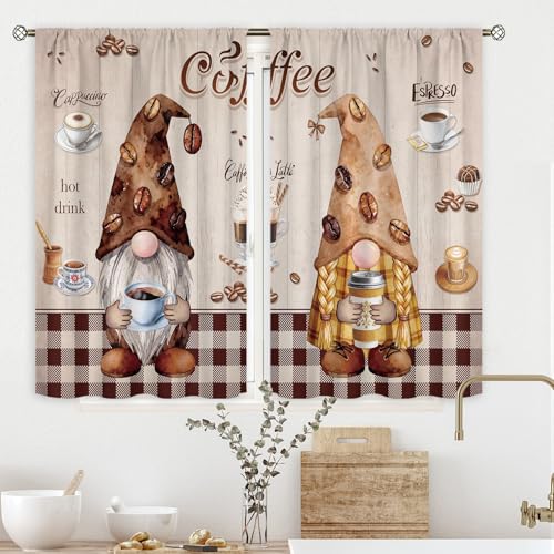 Cinbloo Küchengardinen mit Zwergenmotiv, 60 x 99 cm (B x H), lustige Zwerge, Kaffee-Vorhänge für Küche, Vintage, Café, Bar, Dekoration, Braun, Beige, Büffelkaro, kleine kurze Fenstervorhänge, Stoff, 2