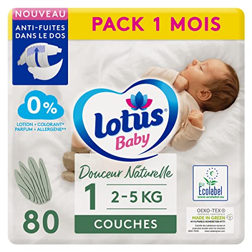 Lotus Baby Douceur Naturelle - Couches Taille 1 (2-5 kg/Nouveau-né) Pack 1 mois - 80 couches
