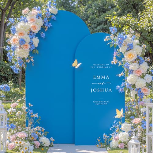 Image of Baby Blue and Royal Blue Arch Cover 2 Set-7.2FT and 6FT Arch Backdrop Cover Spandex Fitted Wedding Arch Stand Covers for Baby Shower Boy Birthday Party Gender Reveal Photo Background Decorations