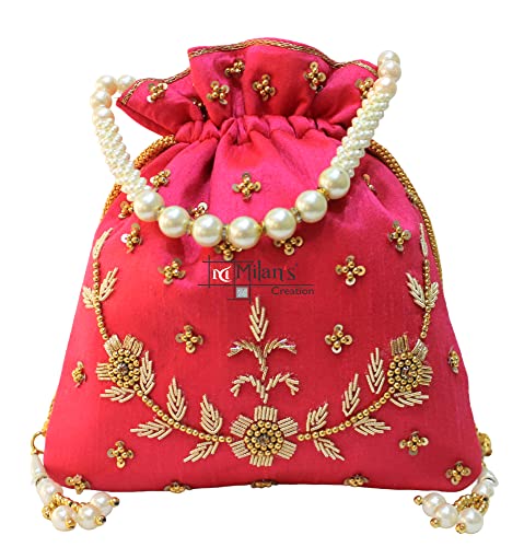 MILAN'S CREATION : Pearl & Zardosi Potli Bag Hand Embroidery Drawstring Potli Women's Handbag Purse With Pearl Handle & Tassel Purse