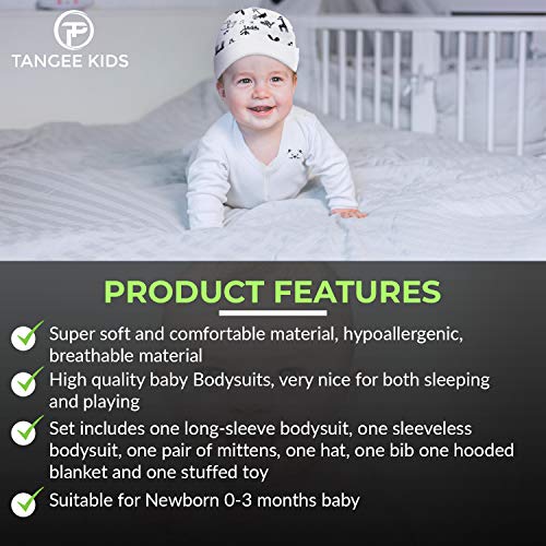 Tangee Kids Baby Gift Set 7 Piece Ivory White (0-3 Months), Baby Shower Newborn Premium Cotton Baby Clothes Boy Girl, Gift Registry, Bodysuits, Bib, Hooded Blanket, Mittens, Hat, Stuffed Toy #TOP4