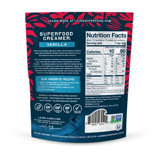 Image of Laird Superfood Non-Dairy Original Superfood Vanilla Coconut Powder Coffee Creamer, Gluten Free, Non-GMO, Vegan, 8 oz. Bag, Pack of 1