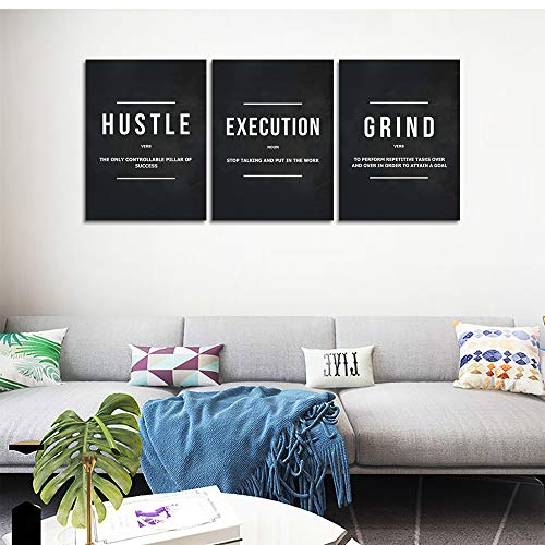 Motivational Posters Inspirational Wall Art Motivation Canvas Paintings Wooden Framed Hustle Wall Decor Black 3 Pieces Office Wall Art For Living Room Bedroom Home Decor Easy To Hang(36”Wx16”H) #TOP5
