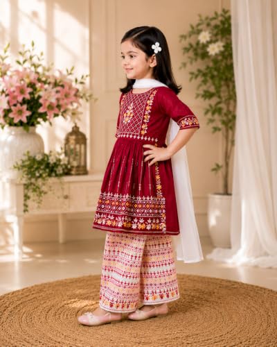 Image of Girls Embroidered Printed Kurta with Printed Palazzo Set, Ethnic Wear, 3-Piece