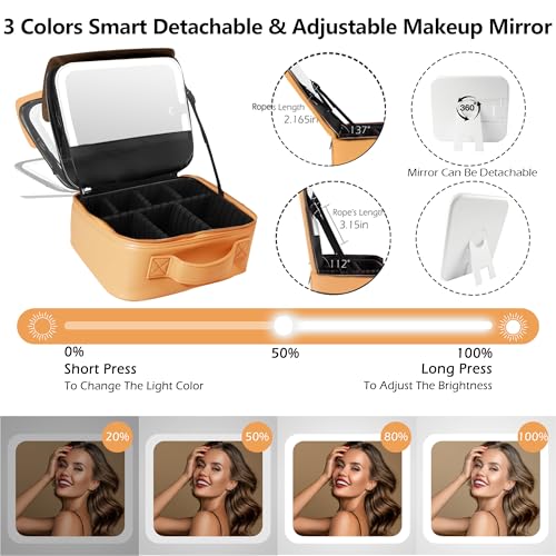 Image of MOMIRA Travel Makeup Bag Cosmetic Bag Makeup Organizer Bag with Lighted Mirror, Adjustable Brightness in 3 Color Scenarios, Waterproof Makeup Train Case, Gift for Women - Apricot(Woven)