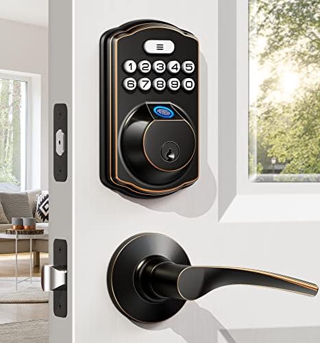 Veise Fingerprint Door Lock with 2 Lever Handles - Keyless Entry Door Lock with Handle, Electronic Keypad Deadbolt Front Door Lock Set, Auto Lock, 1 Touch Locking, Easy Installation, Oil Rubbed Bronze