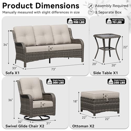 Image of 6 Piece Outdoor Wicker Patio Furniture Set, Outdoor Swivel Rocker Patio Chairs Set with Thickened Olefin Cushions, High Back and Deep Seating, Hand-Woven PE Rattan for Porch, Deck