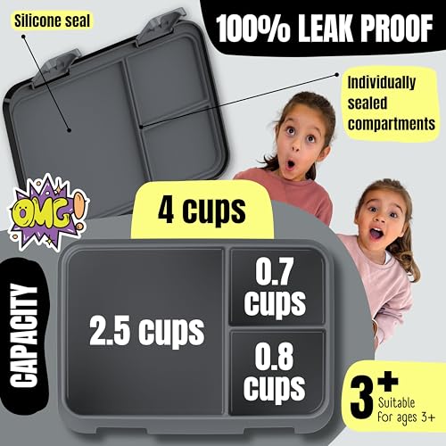 Image of BEARFOOT Kids Lunch Box with Compartments - Compact & Lightweight | Leak-Proof, BPA-Free, Dishwasher Safe | Hand-Drawn Design for Preschool, School, Travel (Black, 4 Cups)