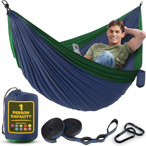 Image of Durable Hammock 400 lb Capacity, Nylon Camping Hammock Chair - Double or Single Sizes w /Tree Straps and Attached Carry Bag - for Travel /Backpacking /Beach /Backyard (Medium, Dark Blue & Forest Green)
