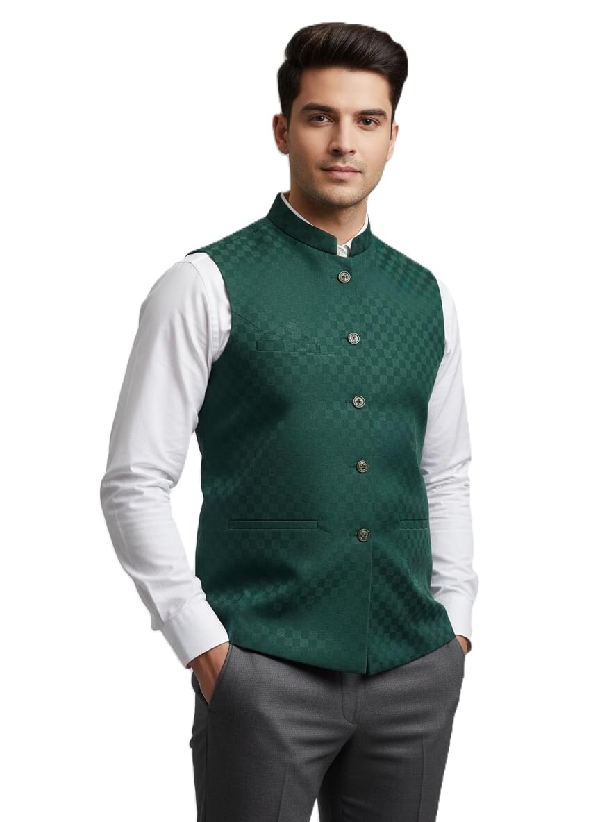 j.a enterprises Nehru Jacket, Modi Koti For Men's, Mandarin Collar, Cotton Blend Waistcoat, Forest Green color, Checkered Patten, Regular Fit, For All Occasions : Wedding, Office Party, Casual,-picture-21