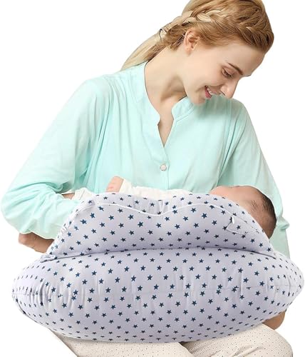 SHANNA Cojin Lactancia Bebe y Almohada Embarazada Dormir XXL Multifuncion Funda Cojin 100% Algodon Incluye Funda Extraíble y Lavable y Soporte de Correa de Cintura Ajustable (Estrellas Gris Blancas)