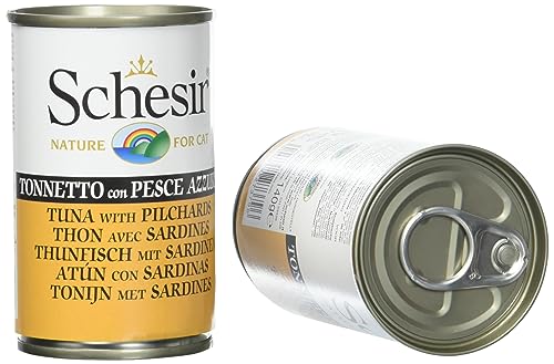 Schesir, Nassfutter für Erwachsene Katzen mit Geschmack Thunfisch mit blauem Fisch, zubereitet in weichem Gelee, insgesamt 0,84 kg (6 Dosen à 140 g)