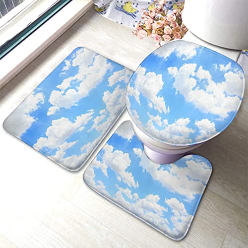 Badezimmerteppich-Set, 3-teilig, Blauer Himmel, weiße Wolke, Naturlandschaft, waschbare Badteppiche, rutschfest, mit Rückenpolster, Konturteppich und Toilettendeckelbezug
