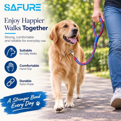 Image of Dog Leash Heavy Duty, Braided Nylon 120 cm Long and 3 cm Wide Dog Belt for Large Dogs and Medium Dogs, Walking Rope with Loop Handle and Swivel Metal Hook (Red and Blue)
