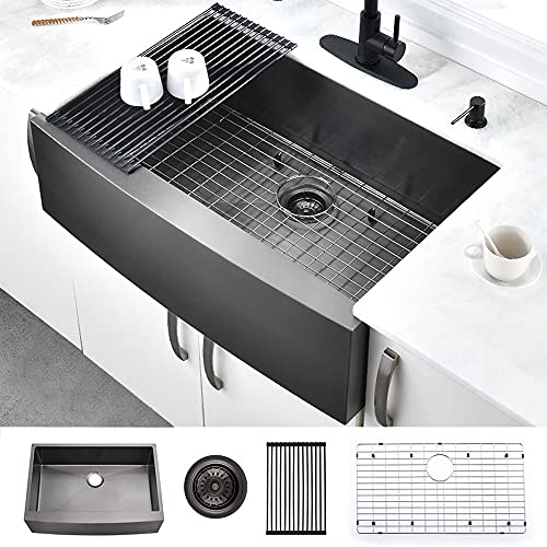 HOSINO 33 inch Black Farmhouse Sink, Kitchen Sink 16 Gauge Stainless Steel Apron Sink Curved Front Single Bowl Kitchen Sink 33x22, Dark Gray Farmers Sink