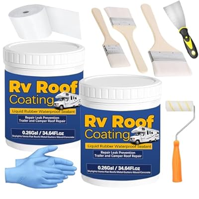 Qiveaory 0.52Gal/69.28Fl.oz Liquid Rubber Rv Roof Coating White Waterproof Sealant Camper Roof Repair Solar Reflective Wooden Brush Putty Knife Nitrile Gloves Paint Roller Drywall Repair Tape