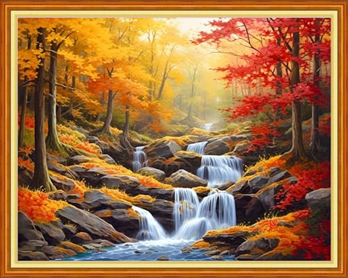Image of Dooxvey Cross Stitch Kit for Adult Beginners - Full Range of Stamped Kits, 11CT Cross Stitch Patterns - Maple Leaf Waterfall, 16x20 inch