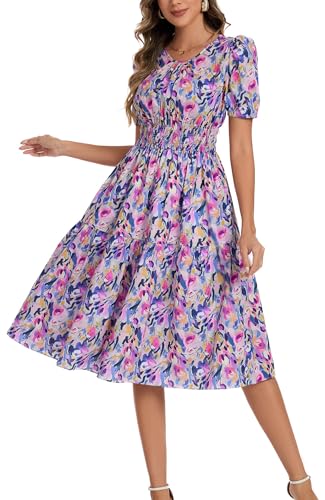 Image of Kormei Women Summer Casual Boho Floral Round Neck Short Sleeve Smocked Waist Tiered Flowy Swing Midi Dress