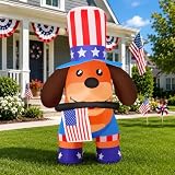 COMIN 5 FT Independence Day 4th of July Inflatables Dog Bite the Flag Outdoor Decorations Blow Up Yard with Built-in LEDs for Indoor Party Garden Lawn Decor