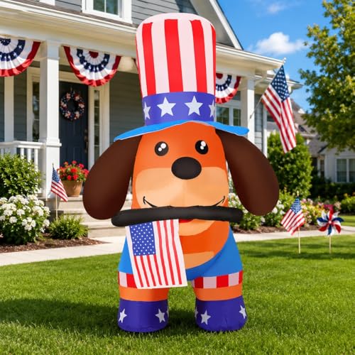 COMIN 5 FT Independence Day 4th of July Inflatables Dog Bite the Flag Outdoor Decorations Blow Up Yard with Built-in LEDs for Indoor Party Garden Lawn Decor