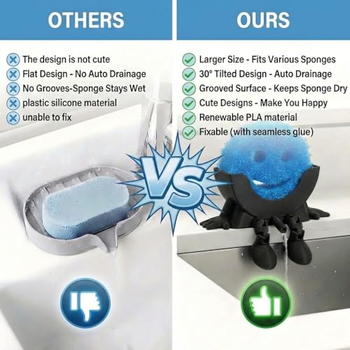 Creative Hanging Sponge Holder with Drainage/Traceless Glue, 3D Printing Countertop Funny Sponge Holders for Kitchen Sink, Keeps Your Sponge Dry & Smiling, for Scrub Daddy Holder (1, Black) #4