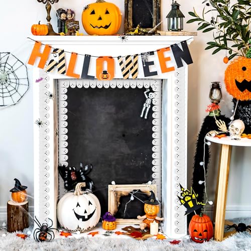 Image of Whaline 65.6Ft Halloween Bulletin Board Border Glitter White Ghost Die Cut Trim Border Roll for Spooky Chalkboard Wall Decor