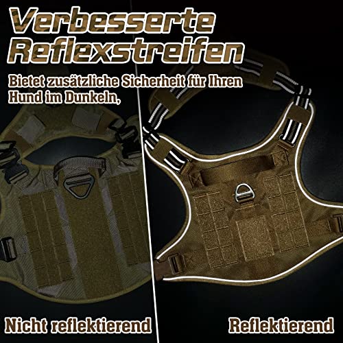 rabbitgoo Hundegeschirr Grosse Hunde, Anti Zug Geschirr Hund Verstellbar mit Griffe Verbreitert, Robust und Verschleißfest, Taktisches Hundegeschirr mit Metallschnallen zum Wandern(L, Braun)