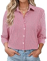 Rapbin Karierte Hemd Damen Langarm Trachten Bluse Baumwolle Hemd V-Ausschnitt Bluse Casual Oberteil mit Knopfleiste Rot M