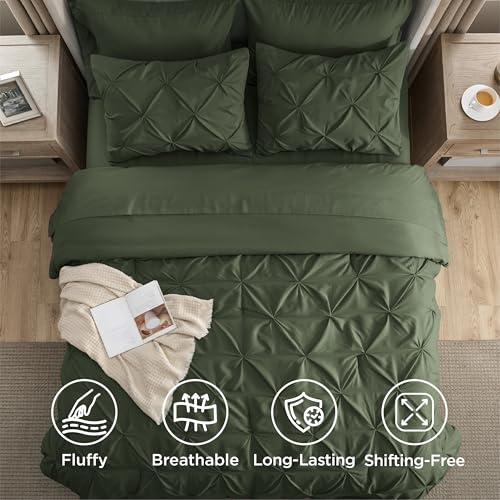 Image of Bedsure Full Comforter Set Olive Green - Bed in a Bag Full Size Bedding Set 7 PCS, GentleSoft Pintuck Bed Set Gift for Family, All Season Down Alternative Comforter with Sheets, Pillowcases & Shams