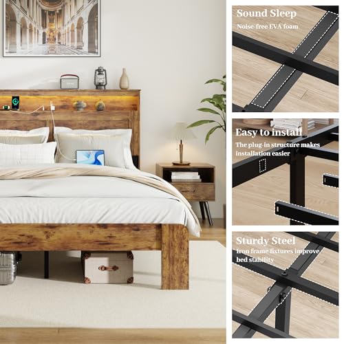 Image of King Size Wooden Bed Frame with Headboard, Rustic Farmhouse Wooden Bedframe with LED Lights and Charging Station, Easy Assembly, No Box Spring Needed (Rustic Brown, King)