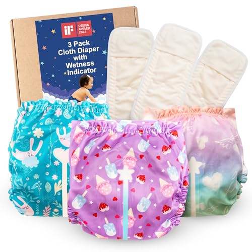 Image of Reusable Cloth Diapers with Wetness Indicator, Swim Diaper, 3 Pack Waterproof Skin Friendly Covers＆Insert One Size Adjustable Washable Diapers for Newborns, Baby (11-33 pounds, 0-3 Years, Sweet)