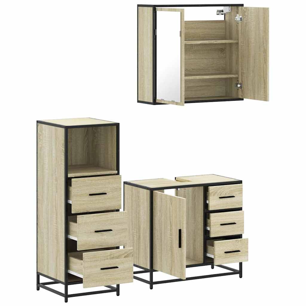 3-TLG. Zestaw mebli łazienkowych SONOMA Oak materiały na bazie drewna, szafka pod umywalkę z metalową ramą, szafka z lustrem, szafka łazienkowa, nowoczesny design do przechowywania