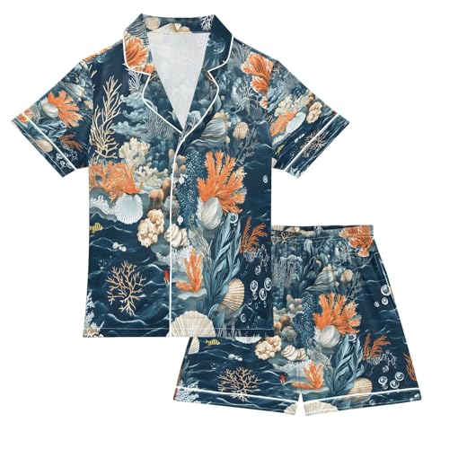 ALAZA Coral Reef Ocean Starfish Seashell Satin Pajamas Set Short Sleeve Button Down Sleepwear Summer Pjs 2 Piece